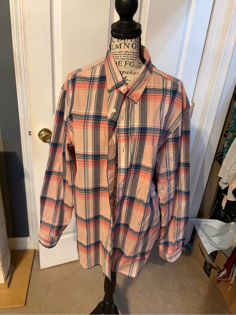 Old Navy Peach and Navy Plaid Button-Up Shirt